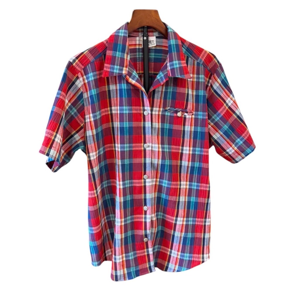 Koret City Blues Vtg Plaid Short Sleeve Button Up Shirt Seersucker Multi sz L